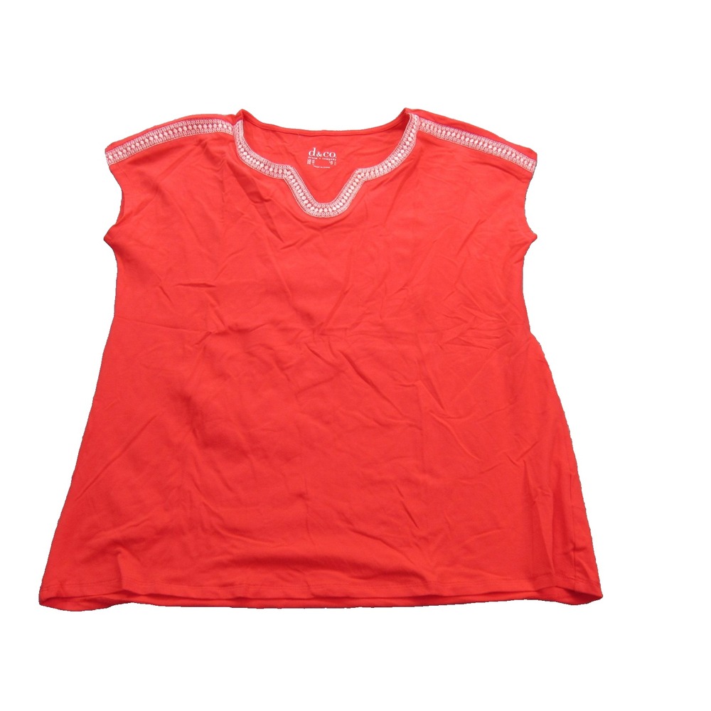 Denim & Company Shirt Womens Medium Red Cap Sleeve Embroidered Trim Casual Top